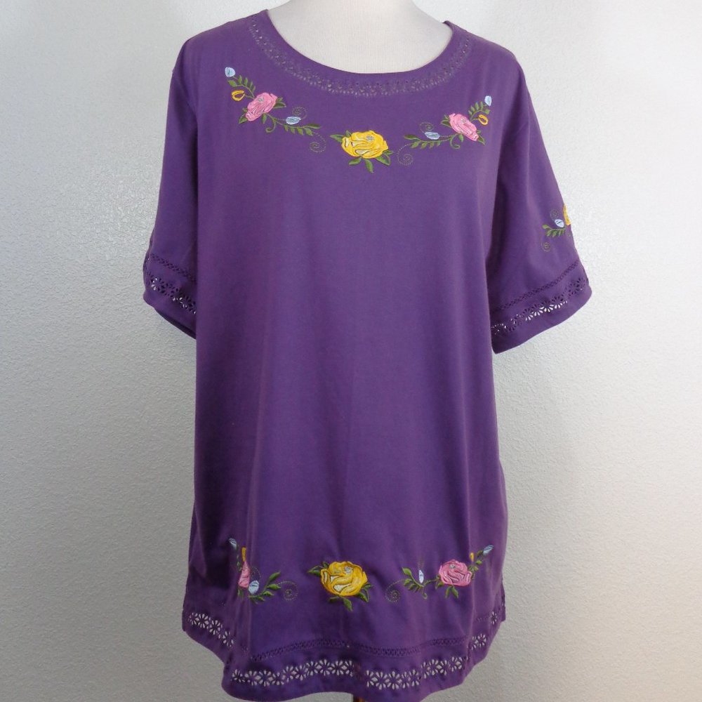Embroidered Purple Floral Short Sleeve Top sz 2x T & Y